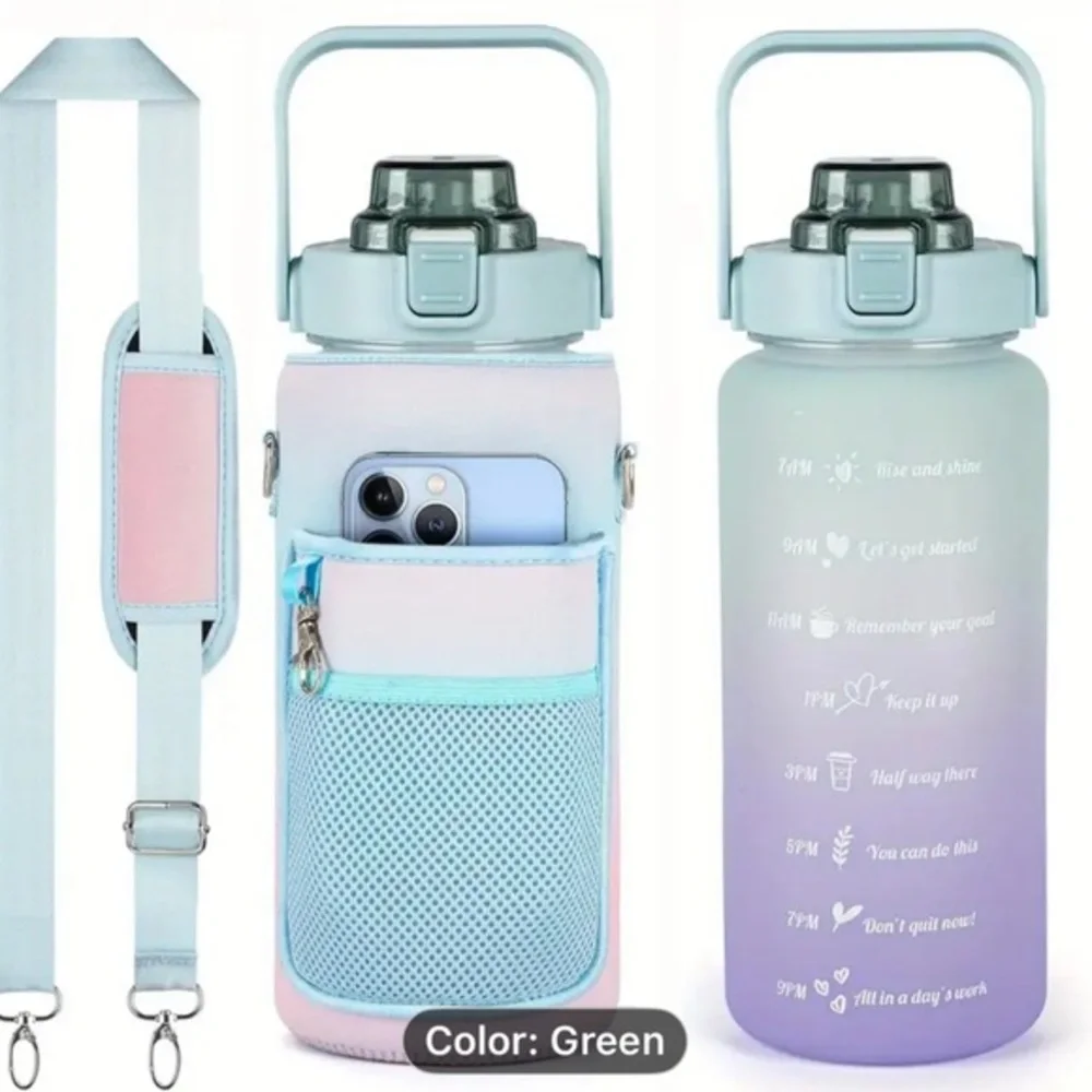 64oz 2L‎ Half Gallon Water Bottle with Sleeve Straw Time Marker BPA Free new